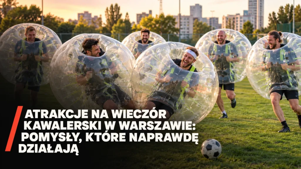 Grupa mężczyzn grająca w bubble football podczas wieczoru kawalerskiego w Warszawie